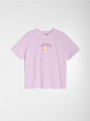 Bawełniana koszulka z nadrukiem Garfield - fioletowy. Fioletowe t-shirty damskie Sinsay, l, bez wzorów, z bawełny, bez kołnierzyka. Za 39.99 zł.