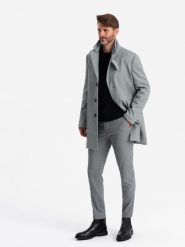 Wzorzysty jednorzędowy męski płaszcz z kieszeniami – szary V3 OM-COWC-0108 - XXL. Szare płaszcze męskie Ombre Clothing, l, bez wzorów, z materiału, klasyczne, bez kaptura. Za 317.99 zł.