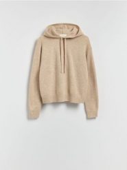Wełniany sweter z kapturem - beżowy. Brązowe swetry damskie Reserved, l, bez wzorów, z dzianiny, bez kołnierzyka, bez ramiączek, z kapturem. Za 229.99 zł.