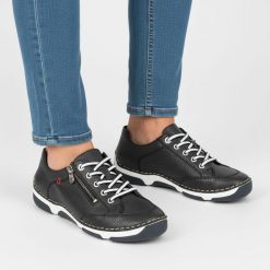 Półbuty damskie Rieker, cholewka ze skóry naturalnej o ziarnistej fakturze z kontrastowym sznurowaniem i bocznym zamkiem, niebieskie, 55901-14. Niebieskie półbuty damskie Rieker, bez wzorów, ze skóry, klasyczne, bez obcasa, bez zapięcia. Za 349.00 zł.