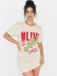 Bawełniana koszula nocna z napisem Olive - kremowy. Białe koszule nocne damskie Sinsay, l, bez wzorów, z bawełny. Za 29.99 zł.