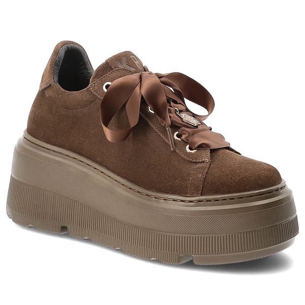 Czekoladowe Sneakersy Karino Damskie Buty Na Platformie. Brązowe półbuty damskie Karino, bez wzorów, bez obcasa, na platformie, bez zapięcia. Za 569.00 zł.