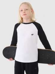 4F Longsleeve regular gładki chłopięcy - biały 140 (9-10 lat). Białe t-shirty dla chłopców 4f, bez wzorów, z bawełny, bez ramiączek. W wyprzedaży za 19.99 zł.