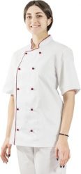 Visent BLUZA GASTRONOMICZNA KITEL KUCHARSKI Z LAMÓWKĄ biały / bordowa lamówka M. Białe bluzy męskie Visent, m, bez wzorów, bez kaptura. Za 79.99 zł.
