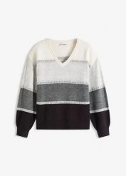 Sweter z dzianiny. Czarne swetry damskie bonprix, bez wzorów, z dzianiny, bez kołnierzyka, bez ramiączek, bez kaptura. Za 124.99 zł.