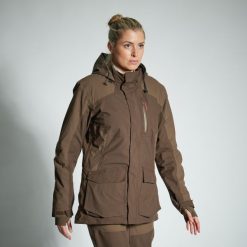 Kurtka damska Solognac 500 WTP. Brązowe kurtki damskie SOLOGNAC, l, bez wzorów, ze skóry, bez kaptura. Za 399.99 zł.