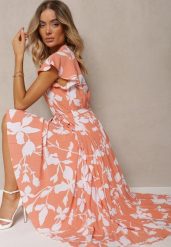 Pomarańczowo-Biała Sukienka z Kopertowym Dekoltem Plisowanym Dołem Wykończona w Talii Paskiem i Gumką Elsavia. Brązowe sukienki damskie Renee, na imprezę, na lato, l, bez wzorów, eleganckie, bez kołnierzyka, bez ramiączek, maxi, kopertowe. Za 79.99 zł.