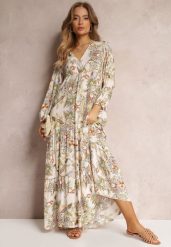 Biało-Beżowa Sukienka Oversize w Kwiaty Iophne. Białe sukienki damskie Renee, na lato, l, bez wzorów, bez kołnierzyka, bez ramiączek, maxi, oversize. Za 69.99 zł.