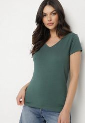 Ciemnozielony T-shirt z Bawełny o Prostym Kroju z Dekoltem w Serek Fevireena. Zielone bluzki damskie Born2be, l, bez wzorów, z bawełny, eleganckie, bez kołnierzyka. Za 39.99 zł.