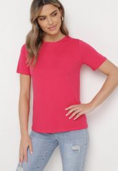Różowy Bawełniany T-shirt o Klasycznym Fasonie Hebea. Czerwone bluzki damskie Born2be, xl, bez wzorów, z bawełny, klasyczne, bez kołnierzyka. Za 19.99 zł.