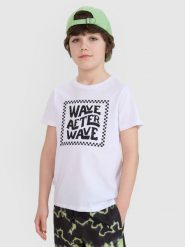 4F T-shirt regular z nadrukiem chłopięcy - biały 122 (6-7 lat). Białe t-shirty dla chłopców 4f, bez wzorów, z bawełny, bez ramiączek. W wyprzedaży za 29.99 zł.
