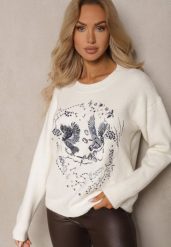 Jasnobeżowy Sweter Ozdobiony Haftowanym Wzorem w Ptaki Inarielle. Brązowe swetry damskie Renee, bez wzorów, casualowe, bez kołnierzyka, bez ramiączek, długie, bez kaptura. Za 149.99 zł.
