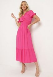 Fuksjowa Bawełniana Sukienka z Kopertowym Dekoltem w Stylu Boho Rissasie. Czerwone sukienki damskie Born2be, na co dzień, m, bez wzorów, z bawełny, boho, bez kołnierzyka, bez ramiączek, midi, kopertowe. Za 44.99 zł.