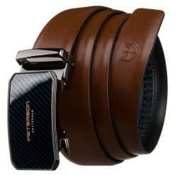 Skórzany pasek męski w brązowym kolorze z automatyczną, srebrną klamrą - Peterson. Brązowe paski damskie Peterson, bez wzorów, ze skóry, eleganckie. Za 109.00 zł.