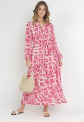 Fuksjowa Sukienka Maxi w Kwiaty z Guzikami i Materiałowym Paskiem Kinzey. Czerwone sukienki damskie Born2be, na co dzień, na lato, l, bez wzorów, z materiału, eleganckie, bez kołnierzyka, bez ramiączek, maxi, rozkloszowane. Za 119.99 zł.