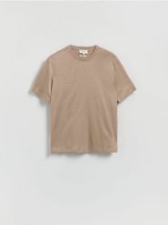 T-shirt regular z bawełną merceryzowaną - beżowy. Brązowe t-shirty męskie Reserved, l, bez wzorów, z bawełny, bez kołnierzyka. Za 99.99 zł.