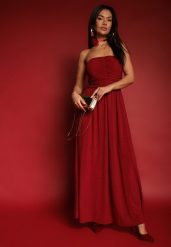 Bordowa Marszczona Koktajlowa Sukienka Bandeau z Wiskozą Nalirion. Czerwone sukienki damskie Renee, na imprezę, na lato, m, bez wzorów, z wiskozy, eleganckie, bez kołnierzyka, bez ramiączek, maxi. Za 179.99 zł.