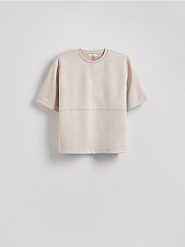T-shirt z przeszyciem - beżowy. Brązowe t-shirty damskie Reserved, l, bez wzorów, z dzianiny, bez kołnierzyka. W wyprzedaży za 49.99 zł.