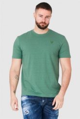 GUESS Zielony t-shirt męski z trójkątnym logo, Rozmiar S. Zielone t-shirty męskie Guess, m, z aplikacjami, bez kołnierzyka. W wyprzedaży za 109.99 zł.