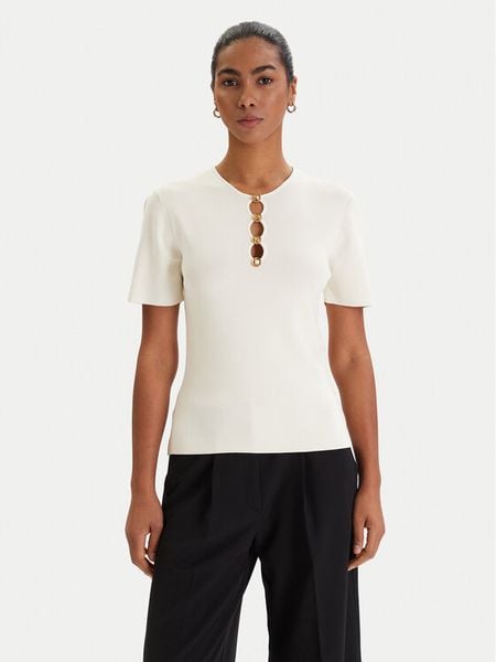 KARL LAGERFELD Bluzka B1W18014 Écru Slim Fit. Białe bluzki damskie KARL LAGERFELD, m, bez wzorów, z wiskozy, bez kołnierzyka, bez ramiączek. Za 519.99 zł.