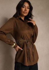 Brązowa Koszula Boho z Dodatkowym Paskiem Zdobionym Frędzlami Uniala. Brązowe bluzki damskie Renee, l, z aplikacjami, z jeansu, boho, bez kołnierzyka, bez ramiączek. Za 139.99 zł.