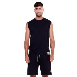 Sportowa koszulka męska bez rękawów. Czarne buty sportowe męskie LEONE 1947 APPAREL, l, bez wzorów, z tkaniny, bez kołnierzyka, bez ramiączek, na fitness i siłownię. Za 54.73 zł.