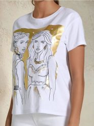 Koszulka z połyskującym nadrukiem - biały. Białe t-shirty damskie Sinsay, l, bez wzorów, bez kołnierzyka. W wyprzedaży za 17.99 zł.
