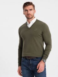 Sweter męski z dekoltem "w serek" z koszulowym kołnierzykiem - ciemnooliwkowy V5 - Rozmiar: S. Zielone swetry przez głowę męskie Ombre Clothing, m, bez wzorów, z bawełny, bez kołnierzyka. W wyprzedaży za 69.99 zł.