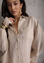 Beżowa Koszula z Wiskozy z Domieszką Lnu ze Strukturalnego Materiału Sewrita. Brązowe bluzki damskie Renee, s, bez wzorów, ze lnu, street, bez kołnierzyka, bez ramiączek. Za 89.99 zł.