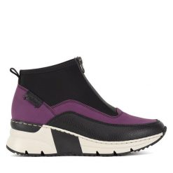 Botki Rieker. Czarne botki damskie Rieker, bez obcasa, na koturnie, bez zapięcia. Za 329.99 zł.