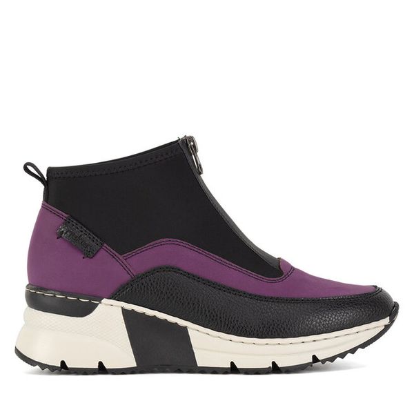 Botki Rieker. Czarne botki damskie Rieker, bez obcasa, na koturnie, bez zapięcia. Za 329.99 zł.