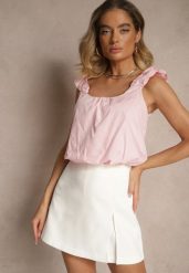 Różowy Bawełniany Top o Bufiastym Kroju na Marszczonych Ramiączkach Sefionne. Czerwone bluzki damskie Renee, l, bez wzorów, z bawełny, eleganckie, bez kołnierzyka, bez ramiączek. Za 59.99 zł.