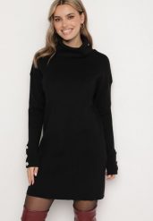 Czarna Sukienka z Golfem Bawełną i Wełną Ozdobiona Guzikami Ilathor. Czarne sukienki damskie Born2be, na co dzień, m, bez wzorów, z bawełny, eleganckie, bez kołnierzyka, bez ramiączek, maxi, kopertowe. Za 84.99 zł.
