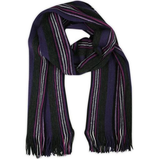 Szalik Ciepły, Dziergany, z Frędzlami, Fioletowo-Różowy w Paski, Jesienno-Zimowy, Męski -KINGS. Czerwone szaliki męskie Kings, na zimę, bez wzorów, dziergany. Za 27.00 zł.