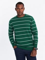Casualowy sweter męski w poziome paski – zielony V4 OM-SWSW-0143 - XXL. Zielone swetry przez głowę męskie Ombre Clothing, l, z aplikacjami, z bawełny, bez kołnierzyka. W wyprzedaży za 79.99 zł.