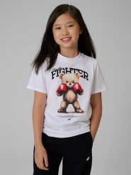 4F T-shirt regular z nadrukiem dziewczęcy - biały 140 (9-10 lat). Białe t-shirty i topy dla dziewczynek 4f, bez wzorów, z bawełny, bez ramiączek. Za 49.99 zł.