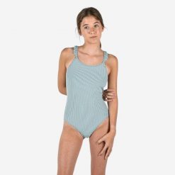Strój jednoczęściowy pływacki dla dzieci Decathlon Lila Lanzarote. Zielone stroje kąpielowe dla dziewczynek Decathlon, bez wzorów, z elastanu. Za 59.99 zł.