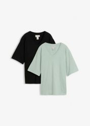 Koszulka z czystej bawełny organicznej z przędzą płomienistą (pakiet 2 szt.), o prostym kroju. Czarne t-shirty damskie bonprix, bez wzorów, z bawełny, bez kołnierzyka. Za 77.99 zł.