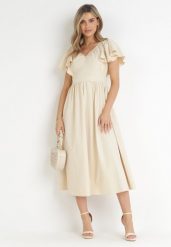 Beżowa Sukienka Midi z Falbanami przy Ramionach Happisa. Brązowe sukienki damskie Born2be, na imprezę, l, bez wzorów, eleganckie, bez kołnierzyka, bez ramiączek, maxi. Za 109.99 zł.