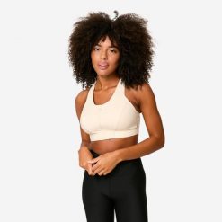 Stanik sportowy Decathlon zip. Brązowe bluzy sportowe damskie DOMYOS, s, bez wzorów, z elastanu, bez kaptura, na fitness i siłownię. Za 99.99 zł.