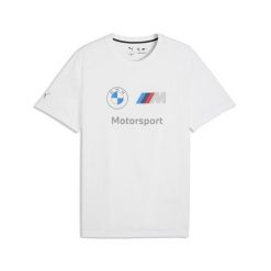 Męska koszulka BMW M MOTORSPORT Essentials PUMA. Białe koszulki sportowe męskie Puma, l, bez wzorów, bez kołnierzyka, bez ramiączek, do biegania. Za 179.00 zł.