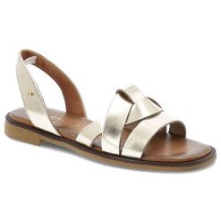 Sandały damskie Armodo, cholewka ze skóry naturalnej licowej z metalicznym wykończeniem krzyżujące się paski odkryty fason, złote, 40537. Żółte klapki damskie Armodo, bez wzorów, ze skóry, bez obcasa. Za 299.00 zł.