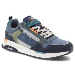Sneakersy męskie Jeep, skórzane na platformie sznurowane i na zamek codzienne i sportowe, granatowe, JM51061A-016. Niebieskie półbuty na co dzień męskie Jeep, z materiału, sportowe, bez zapięcia. Za 365.99 zł.