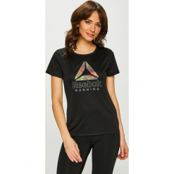 Reebok - Top. Szare topy damskie Reebok, z nadrukiem, z dzianiny, z okrągłym kołnierzem, z krótkim rękawem. Za 99.90 zł.