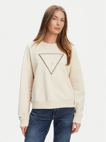 Guess Bluza W5YQ04 KC8I0 Beżowy Regular Fit. Brązowe bluzy damskie Guess, m, z aplikacjami, z bawełny, bez kaptura. Za 226.99 zł.