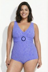 Damskie Strój kąpielowy faktura w kwiaty miękkie miseczki ozdobny pierścień. Fioletowe kostiumy jednoczęściowe damskie Ulla Popken, plus size, bez wzorów, z elastanu, plus size, do pływania. Za 191.99 zł.