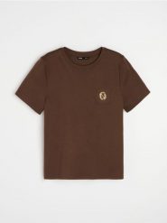 Bawełniana koszulka z krótkim rękawem i błyszczącą aplikacją - brązowy. Brązowe t-shirty damskie Sinsay, l, z aplikacjami, z bawełny, bez kołnierzyka. Za 25.99 zł.