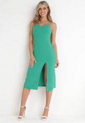 Zielona Sukienka na Ramiączkach z Rozcięciem Sophiya. Zielone sukienki damskie Born2be, m, z aplikacjami, z tkaniny, wizytowe, bez kołnierzyka, bez ramiączek, midi. Za 129.99 zł.