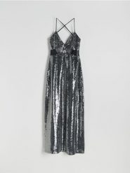 Cekinowa sukienka maxi - wielobarwny. Sukienki damskie Reserved, na co dzień, l, bez wzorów, z dzianiny, bez kołnierzyka, bez ramiączek, maxi, proste. W wyprzedaży za 109.99 zł.