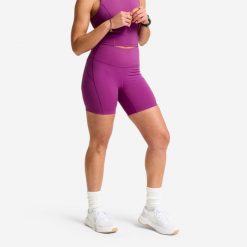 Spodenki fitness damskie Domyos wysoki stan. Fioletowe szorty sportowe damskie DOMYOS, l, bez wzorów, z elastanu, sportowe, z podwyższonym stanem, na fitness i siłownię. Za 69.99 zł.